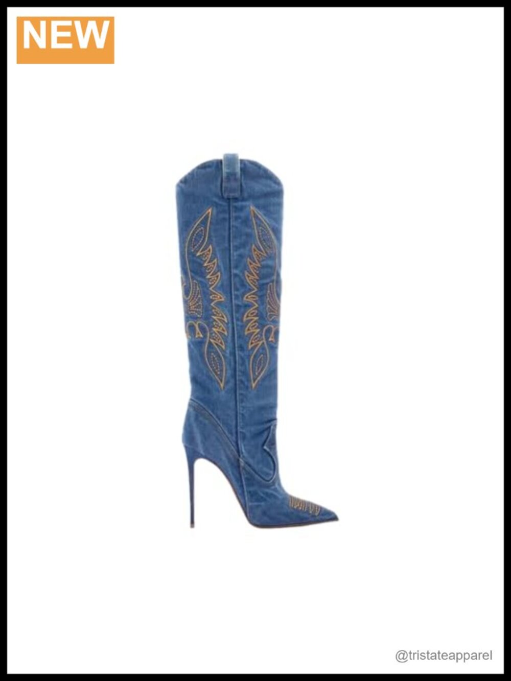 Women's Denim Stiletto Heel Knee High Boots Embroidered Pointed Toe